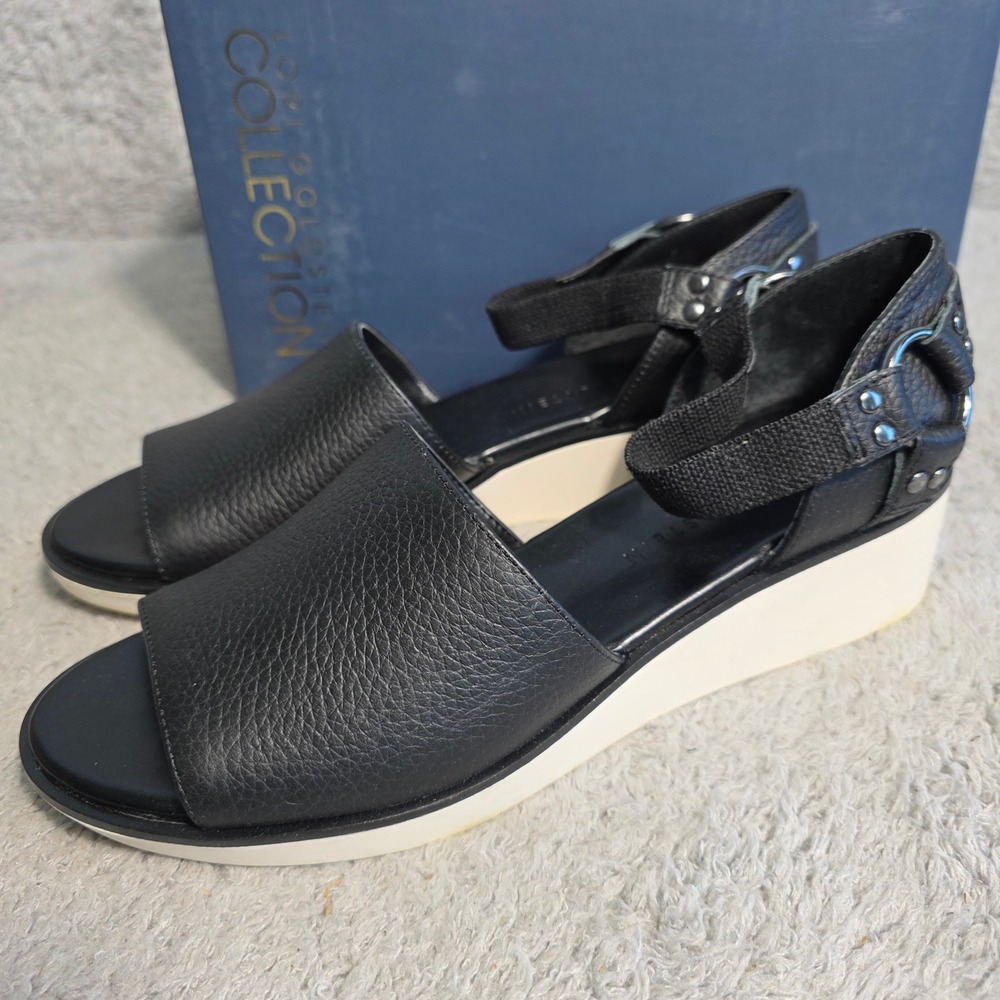 Lori Goldstein Women Black Pebbled Leather Wedge Adjustable Sandals 7.5M 38